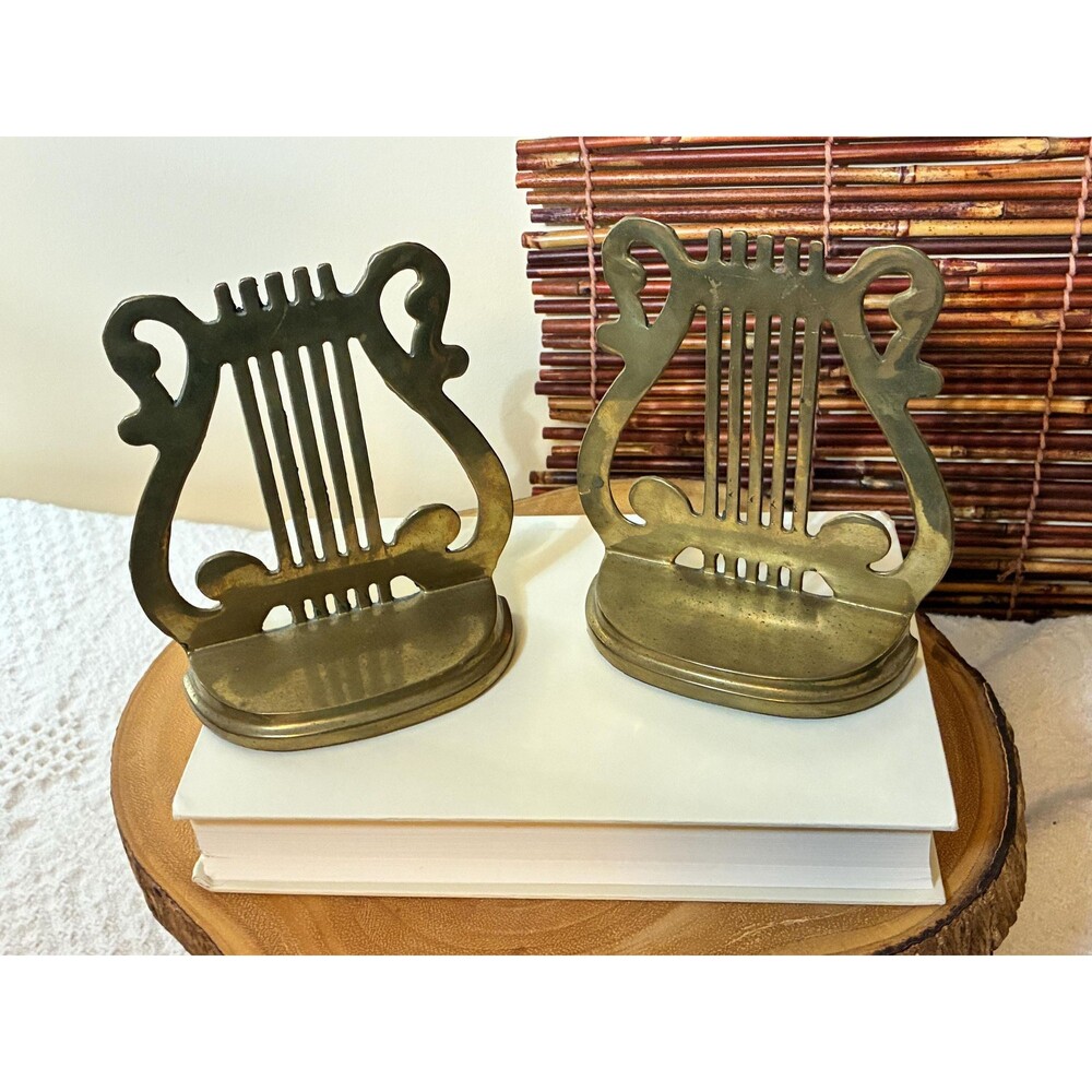 Vintage Brass Lyre Harp Bookends, Mid Century Hollywood Regency, Set of 2